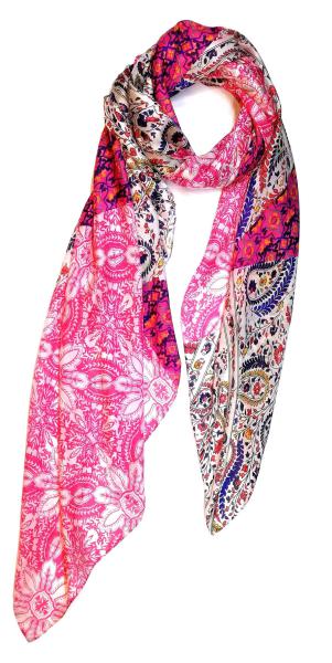 Schal 100% Seide Paj festlich bunt Paisley Rot Pink Beige Blau